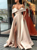Elegant A-line Off the Shoulder Satin Long Formal Prom Dresses with Slit