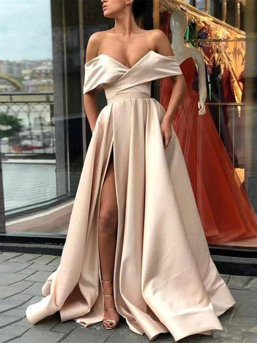 Elegant A-line Off the Shoulder Satin Long Formal Prom Dresses with Slit