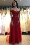 Elegant A-line Off-the-shoulder Tulle Long Prom Dress with Appliques Lace