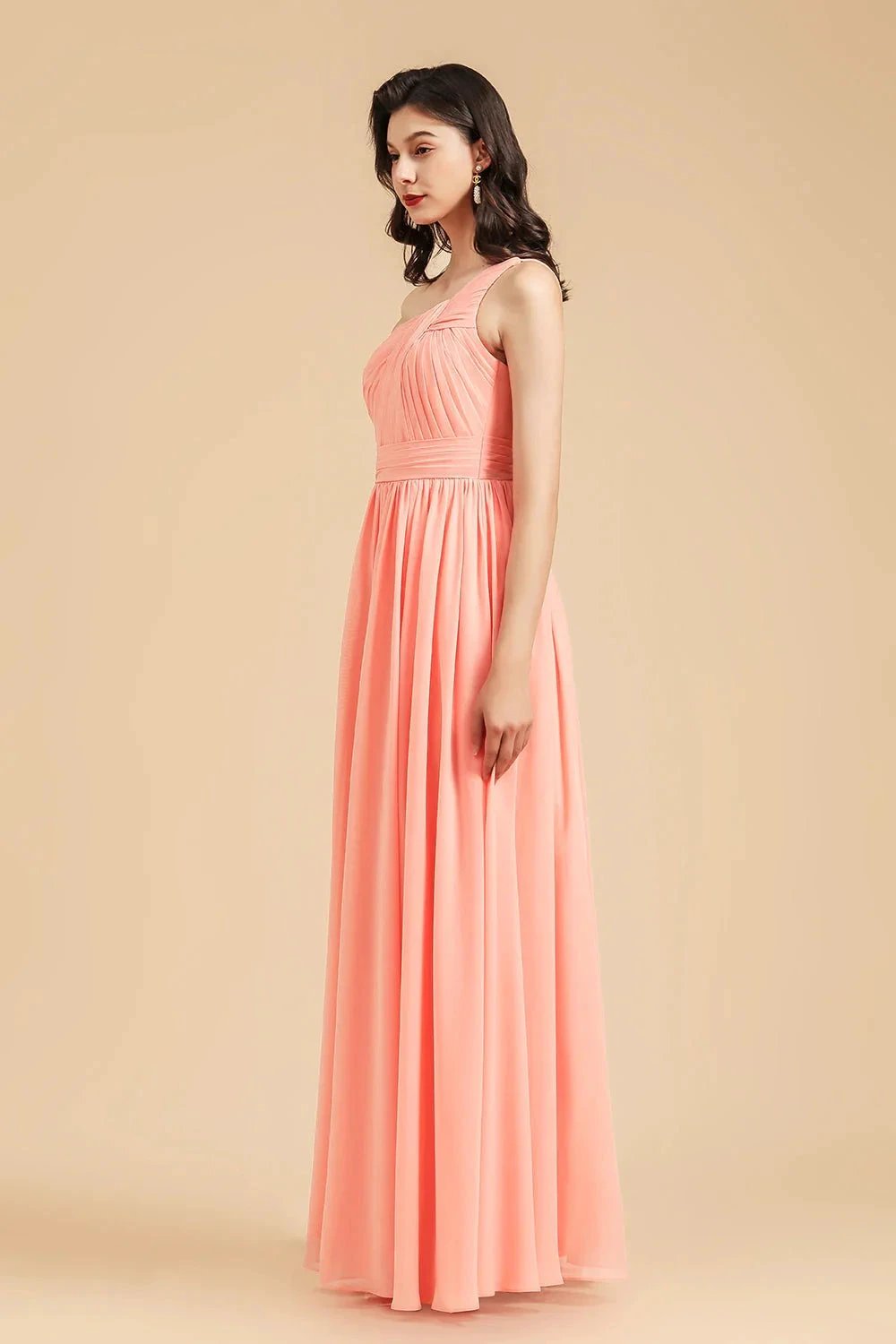 Elegant A-line One Shoulder Coral Chiffon Long Bridesmaid Dress