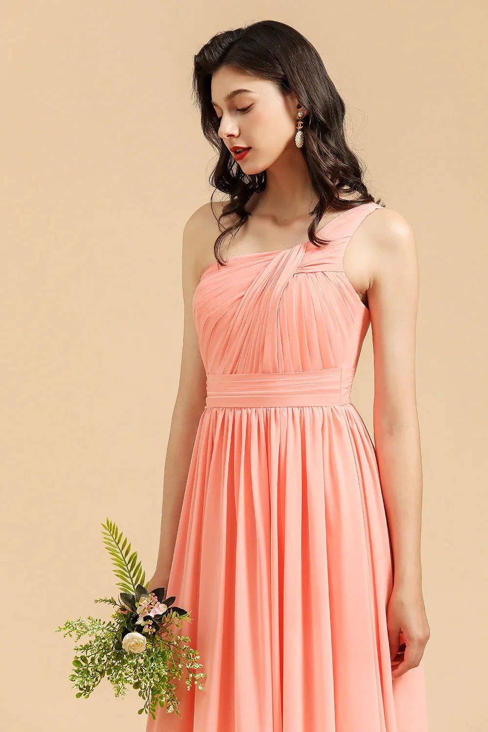 Elegant A-line One Shoulder Coral Chiffon Long Bridesmaid Dress