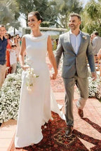 Elegant A-Line Satin Sleeveless White Wedding Dress With Train