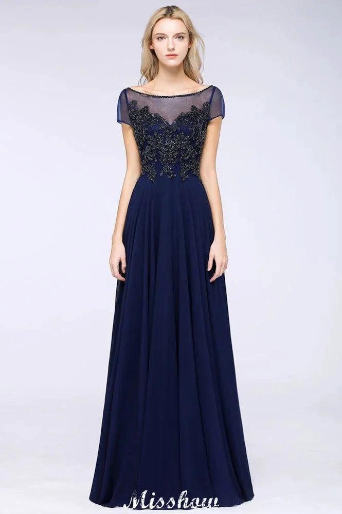 Elegant A-Line Short Sleeve Appliques Beads Bridesmaid Dresses Floor-Length Evening Dress