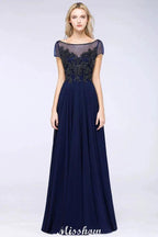 Elegant A-Line Short Sleeve Appliques Beads Bridesmaid Dresses Floor-Length Evening Dress