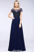 Elegant A-Line Short Sleeve Appliques Beads Bridesmaid Dresses Floor-Length Evening Dress