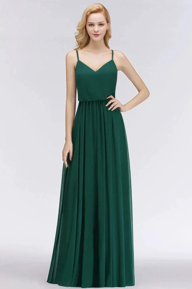 Elegant A-line Spaghetti Chiffon Bridesmaid Dresses V-neck Evening Maxi Gown