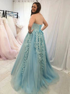 Elegant A-line Strapless Tulle Lace Formal Graduation Dresses Long Prom Gowns