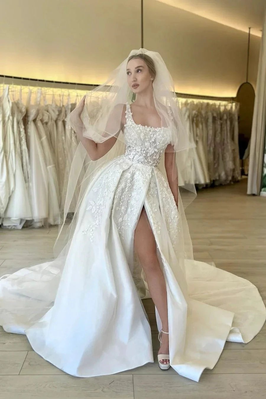 Elegant A-line Straps Flowers Sleeveless Lace Wedding Dress With Slit