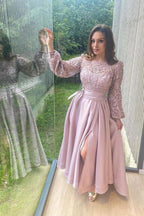 Elegant A-line Stretch Satin Front Slit Prom Dress with Sleeves