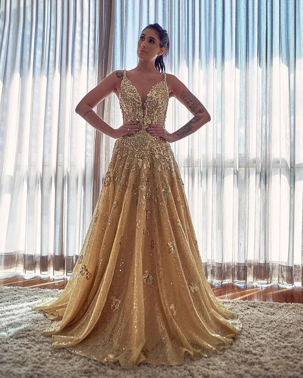 Elegant A-line V-neck Appliques Lace Sequins Long Prom Dress