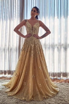 Elegant A-line V-neck Appliques Lace Sequins Long Prom Dress