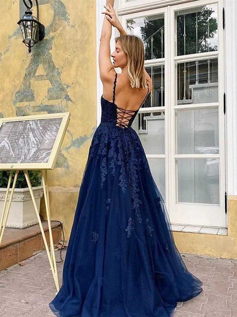 Elegant A Line V Neck Backless Lace Long Prom Dresses Dark Navy Formal Evening Gowns