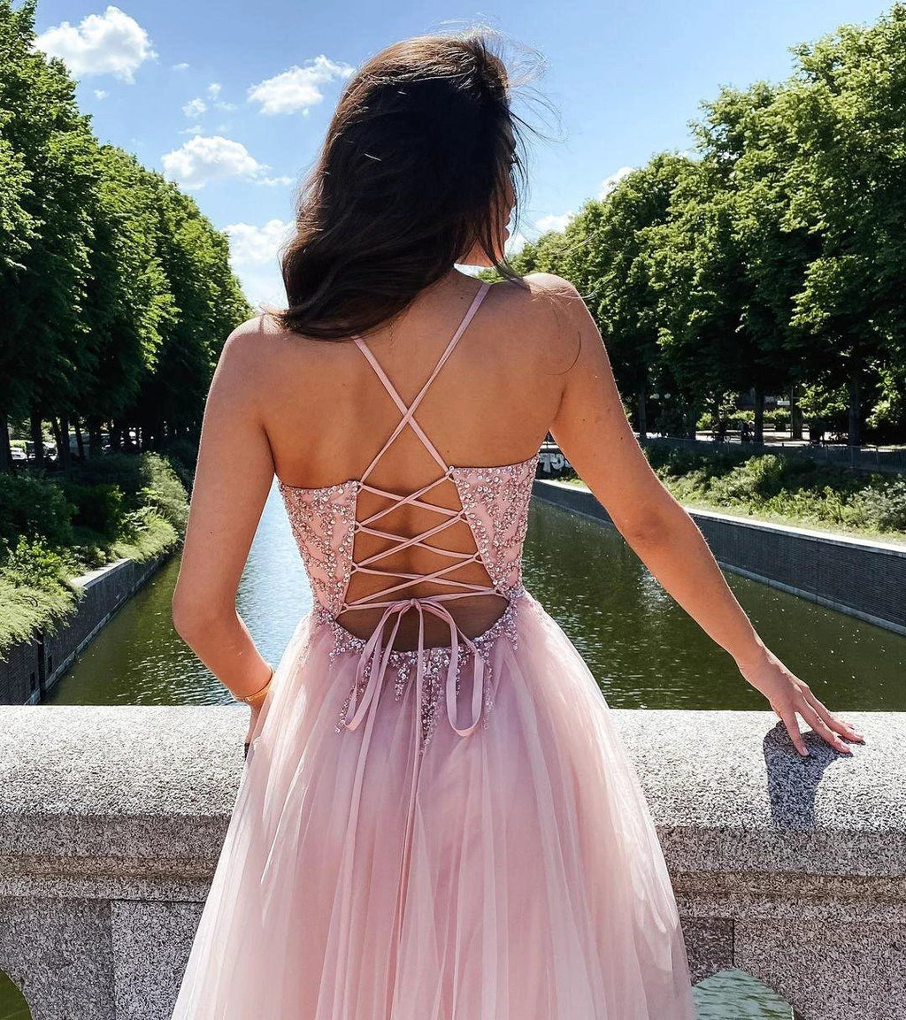 Elegant A-line V-neck Beading Tulle Long Prom Dress Backless