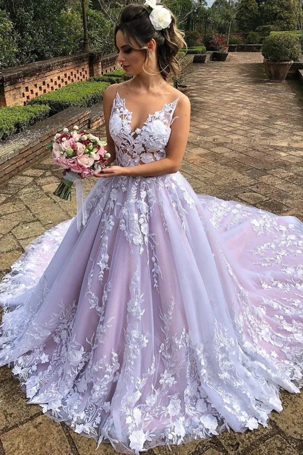 Elegant A-line V Neck Lace Open Back Long Prom Formal Evening Dresses