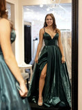 Elegant A-line V Neck Long Graduation Prom Dresses with High Slit