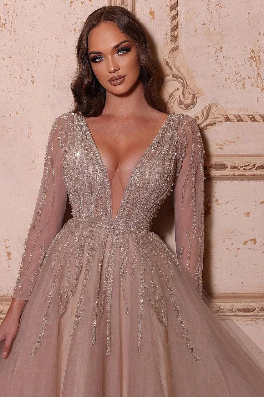 Elegant A-line V-neck Long Sleeves Beading Prom Dress