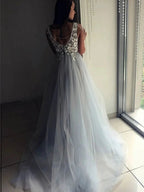 Elegant A-line V Neck Open Back Lace Appliques Long Formal Prom Dresses