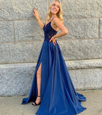 Elegant A-line V-neck Spaghetti Straps Satin Front Slit Prom Dress With Pockets