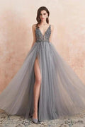 Elegant A-line V-neck Tulle Beading Open Back Prom Dress with Slit
