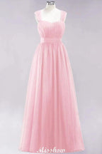 Elegant aline Sleeveless Tulle Evening Maxi Gown Burgundy Straps Bridesmaid Dress