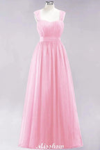 Elegant aline Sleeveless Tulle Evening Maxi Gown Burgundy Straps Bridesmaid Dress