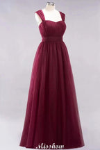 Elegant aline Sleeveless Tulle Evening Maxi Gown Burgundy Straps Bridesmaid Dress