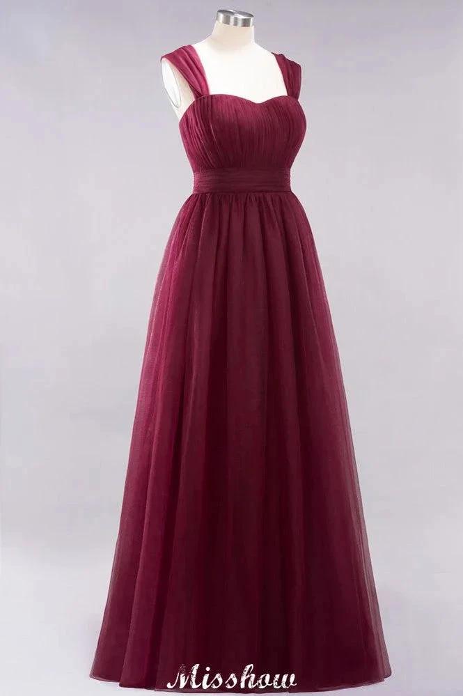 Elegant aline Sleeveless Tulle Evening Maxi Gown Burgundy Straps Bridesmaid Dress