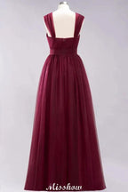 Elegant aline Sleeveless Tulle Evening Maxi Gown Burgundy Straps Bridesmaid Dress