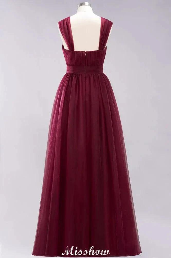 Elegant aline Sleeveless Tulle Evening Maxi Gown Burgundy Straps Bridesmaid Dress