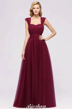 Elegant aline Sleeveless Tulle Evening Maxi Gown Burgundy Straps Bridesmaid Dress