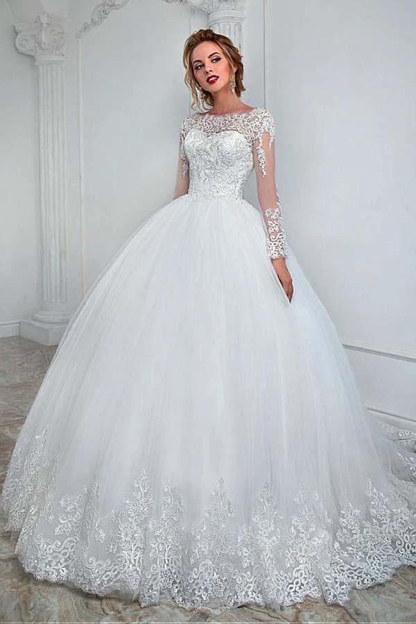 Elegant Bateau Neckline Ball Gown Wedding Dress With Lace Appliques WD193
