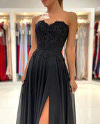 Elegant Black Long A-line Sweetheart Chiffon Prom Dress with Slit