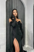 Elegant Black Long Mermaid One Shoulder Sequined Prom Dresses With Slit