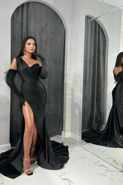 Elegant Black Long Mermaid One Shoulder Sequined Prom Dresses With Slit