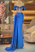 Elegant Blue Off-the-shoulder Sleeveless Beading Prom Dress With Slit