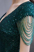 Elegant Cap Sleeve Green Sequins Long Prom Dress