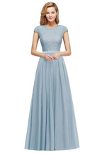Elegant Cap Sleeves A Line Evening Swing Dress Navy Blue Long Party Dress