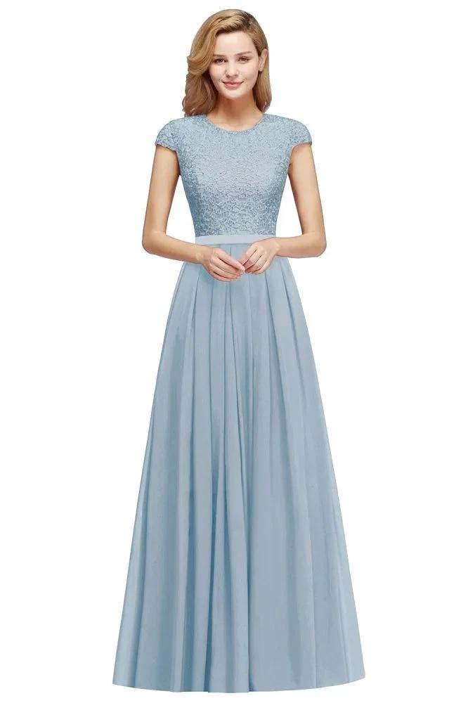 Elegant Cap Sleeves A Line Evening Swing Dress Navy Blue Long Party Dress