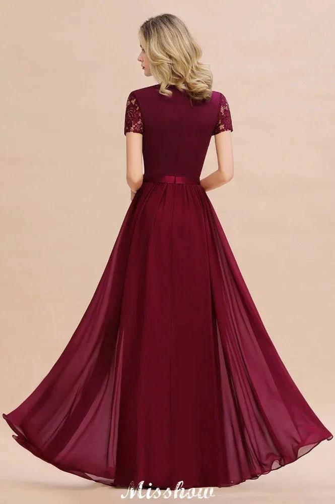 Elegant Chiffon Lace Jewel Short Sleeves Floor-Length A-Line Bridesmaid Dress
