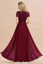 Elegant Chiffon Lace Jewel Short Sleeves Floor-Length A-Line Bridesmaid Dress
