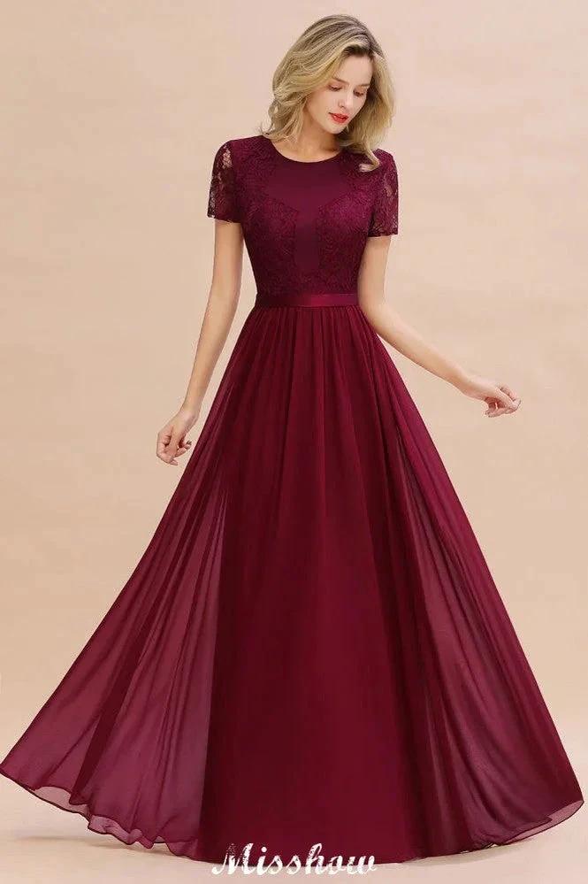 Elegant Chiffon Lace Jewel Short Sleeves Floor-Length A-Line Bridesmaid Dress