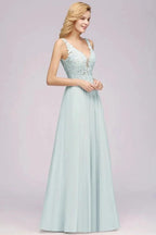 Elegant Chiffon Lace V-Neck Sleeveless Floor-Length A-Line Bridesmaid Dress with Beadings