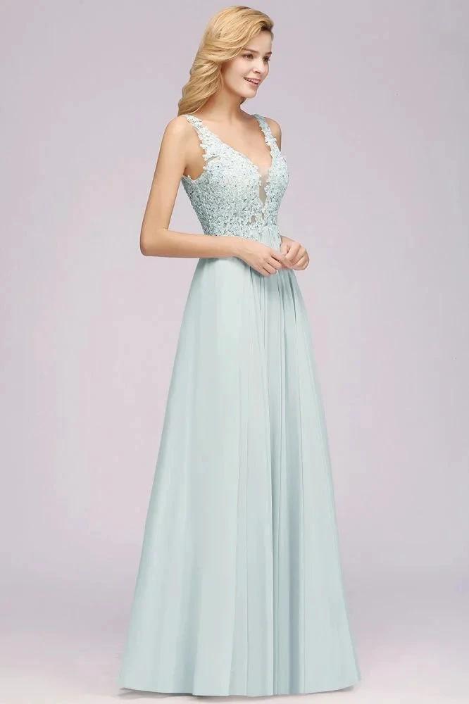 Elegant Chiffon Lace V-Neck Sleeveless Floor-Length A-Line Bridesmaid Dress with Beadings