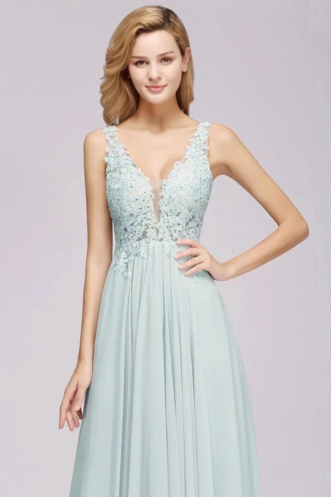 Elegant Chiffon Lace V-Neck Sleeveless Floor-Length A-Line Bridesmaid Dress with Beadings