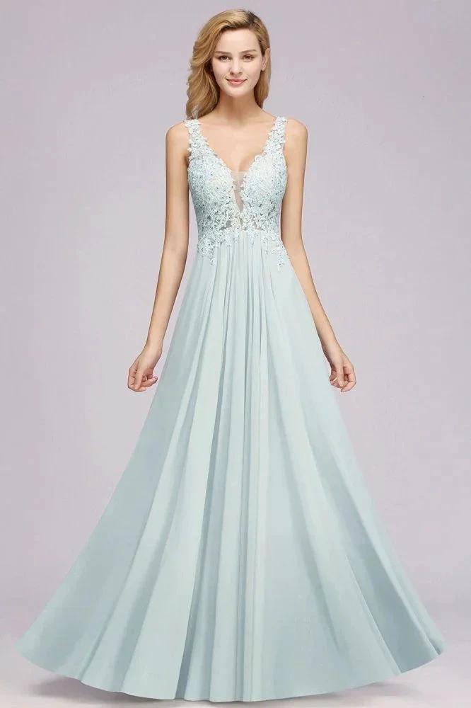 Elegant Chiffon Lace V-Neck Sleeveless Floor-Length A-Line Bridesmaid Dress with Beadings