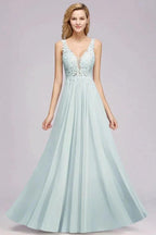 Elegant Chiffon Lace V-Neck Sleeveless Floor-Length A-Line Bridesmaid Dress with Beadings