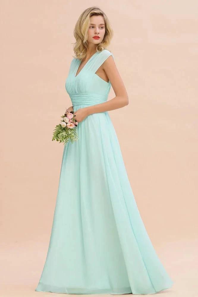 Elegant Chiffon V-Neck Sleeveless Floor-Length A-line Bridesmaid Dress with Ruffles
