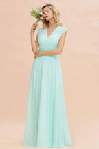 Elegant Chiffon V-Neck Sleeveless Floor-Length A-line Bridesmaid Dress with Ruffles