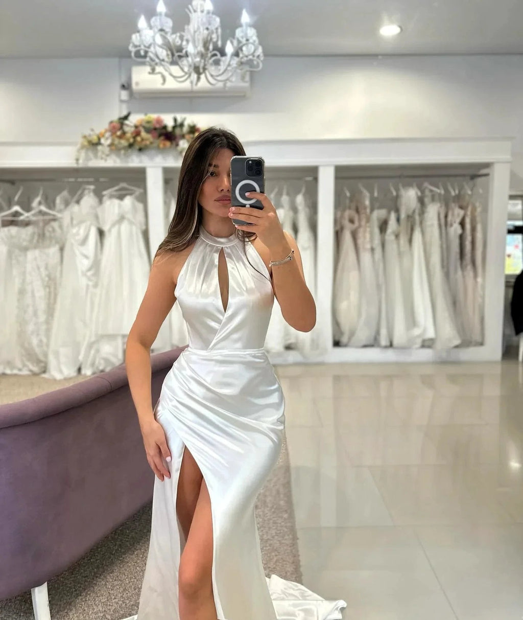 Elegant Column Satin Halter Sleeveless White Wedding Dresses With Ruffles Split Front