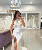 Elegant Column Satin Halter Sleeveless White Wedding Dresses With Ruffles Split Front